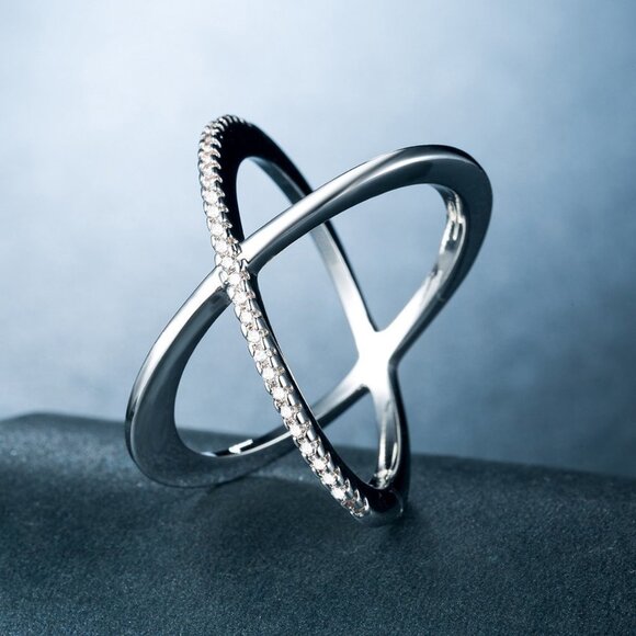 Two Lines Cross X Shape 925 Silver Ring for Women, VIP144 - Picture 1 of 6